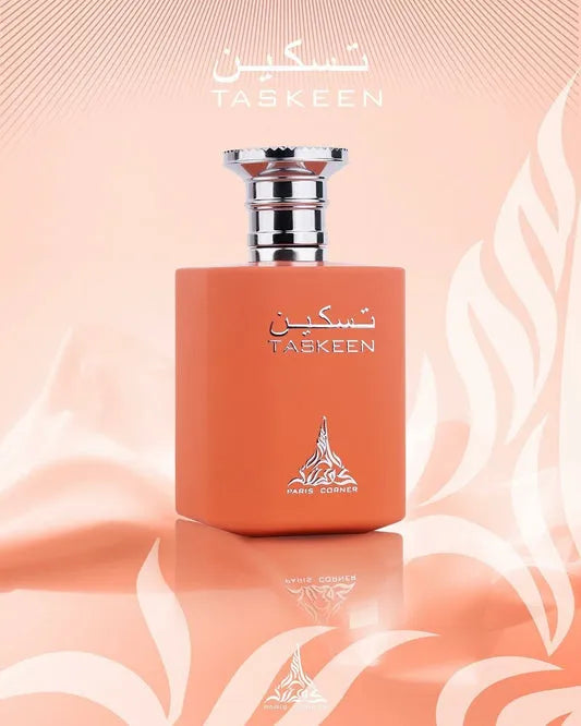 Taskeen perfume with peach, blood orange, cognac, vanilla, patchouli, and sandalwood notes in a luxurious 100ML bottle